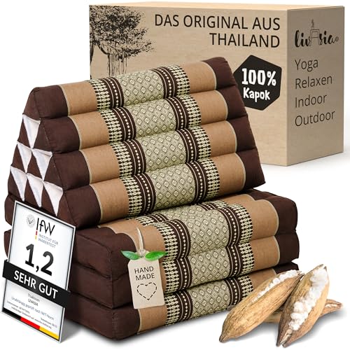 livasia Thaikissen mit 3 Auflagen - 175x50x8cm - Dreieckskissen mit Klappmatratze, Keilkissen Kapok, Rückenkissen faltbar, Thaimatte zum Klappen, handgefertigt, Meditationskissen (Braun)