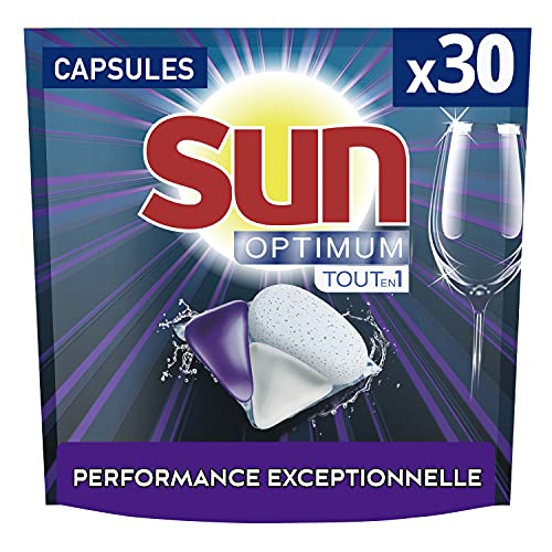 Sun Capsules Lave-Vaisselle Optimum Tout en 1 Efficacité Impeccable Ingrédients Naturels Nettoyage Brillance & Parfum Frais, 30 Tablettes