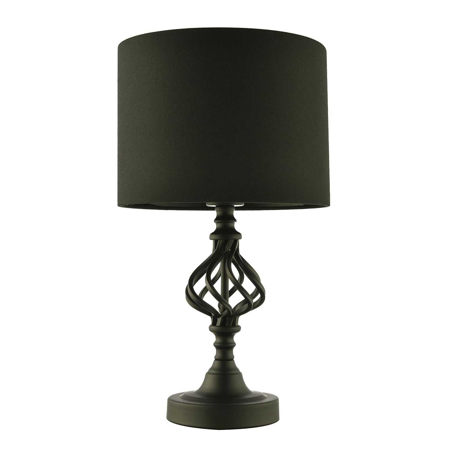 Happy Homewares Classic Twist Metal Table Lamp in Matte Black with Black Drum Shade | 11w E27 | Ideal for Bedside Lamps | 42cm x 25cm