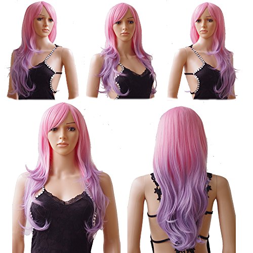 Heat Resistant Synthetic Ombre Wig Long Wavy Hair For Women Cosplay Costume With Oblique Bangs Tail In Volume (27.5’’ Pink to Purple)