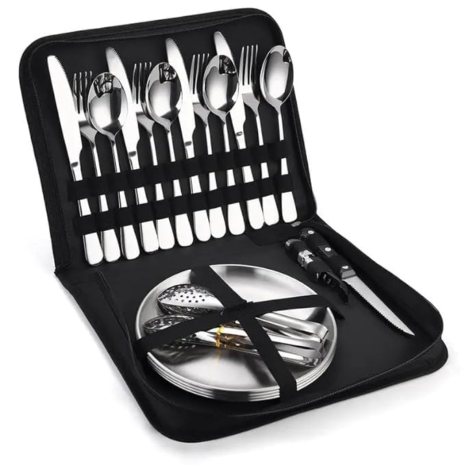 RELEMTRA Camping Silverware Set with Case, 20 Pcs Camping Mess Kit with Stainless Steel Plates, Picnic Set for 2, Travel Silverware Set, Camping Utensils for Eating, Portable Cutlery Set (B0D3D7N7VF) Amazon Price History, Amazon Price Tracker