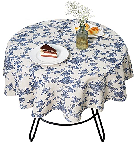 Wracra Cotton Linen Vintage Round Tablecloth Floral Pastoral Table Cloth Washable Table Cover For Indoor&Outdoor,Farmhouse Decor,Picnic,Tabletop Decoration (Blue Floral, Round 55") #TOP5