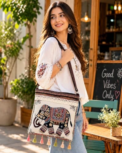 Image of Elephant Print Canvas Tote Bag for Women, Ethnic Shoulder Handbag with Multicolor Elephant Design, Dual Handle Everyday Carry Bag for Shopping, Office, College, Travel & Daily Use
