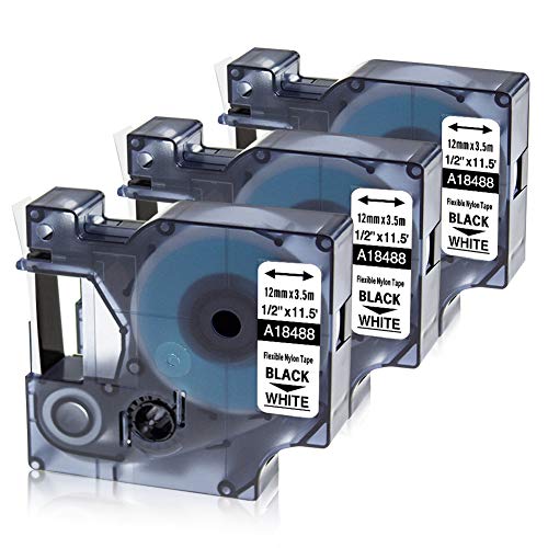 Oozmas Replacement for Dymo Rhino 4200 5200 Label Tape Flexible Nylon 18488 Work with DYMO Rhino Pro LabelWriter Industrial Label Makers, Black on White, 1/2 Inch, 3-Pack