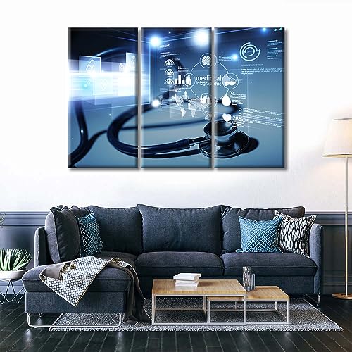 Image of TUMOVO Medical Stethoscope and Infographic Wall Prints Stethoscope and Medical Canvas Wall Art 3 Panels Laboratory Wall Art for Living Room Stretched and Framed Ready to Hang (60 inch Wx40 H)