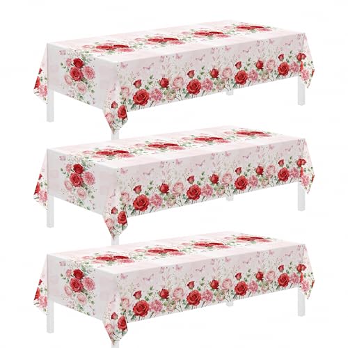 Image of Childom 3 Pack Mothers Day Decorations,Mothers Day Tablecloth,54 inch x 108 inch Disposable Plastic Table Cloth for Rectangle,Pink Table Cover for Mom Birthday,Party Supplies,Home,Dinner,Indoor,Outside
