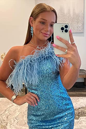 Robe de soirée en plumes bleu lac TSxuelian : sublimez votre silhouette en taille 36 - 6