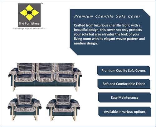 Image of Premium Chenille Woven Anti-Slip 5 Seater Sofa Cover with Armt Rest | L-Shape Sofa Seat Protector for Living Room | Durable & Stylish Slipcover - Navy Blue - 3D