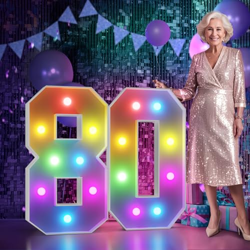 Image of Imprsv Colorful 3FT Marquee Numbers Light up Numbers 80 Birthday Decoration | RGB with Remote, Party Decorations Anniversary Wedding Decorations Assembly Required Foam Board 40 Pcs Accessory Set
