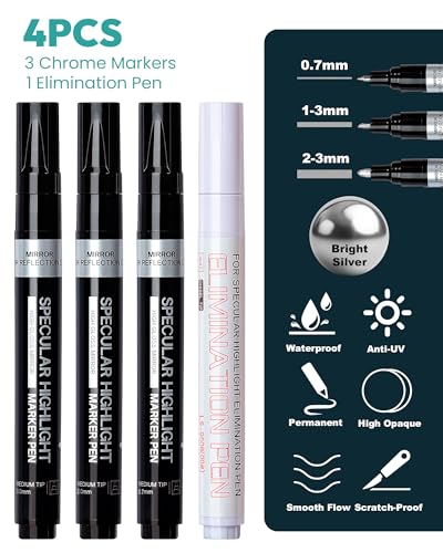 Image of Resiners 3 PCS Silver Chrome Paint Markers, Oil-based Permanent Mirror Pen, Reflective Art Markers for Plastic Metal Glass Resins, Ideal for Wheel Model Painting