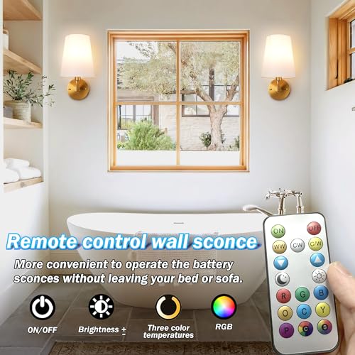 Image of Wall Sconces Battery Operated Set of Two,Wireless Rechargeable Wall Sconce 7 Color RGB USB Up to 50 Hours Use Time,Not Hardwired Battery Operated Wall Lights for Bedroom Living Room, Brass