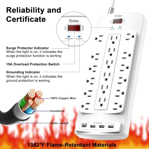 Image of Surge Protector Power Strip, Yintar 10 Feet Flat Plug Heavy Duty Extension Cord with 18 Widely Outlets and 4 USB Ports, 2100 Joules, ETL Listed, White