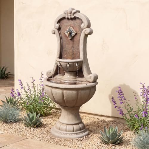 Image of Bumilgar Outdoor Wall Fountain with LED Lights, 48.82 inch H Freestanding Garden Water Fountain Sandstone Curved Scroll Resin, Large Floor Standing Patio European Resin Flat Back Yard