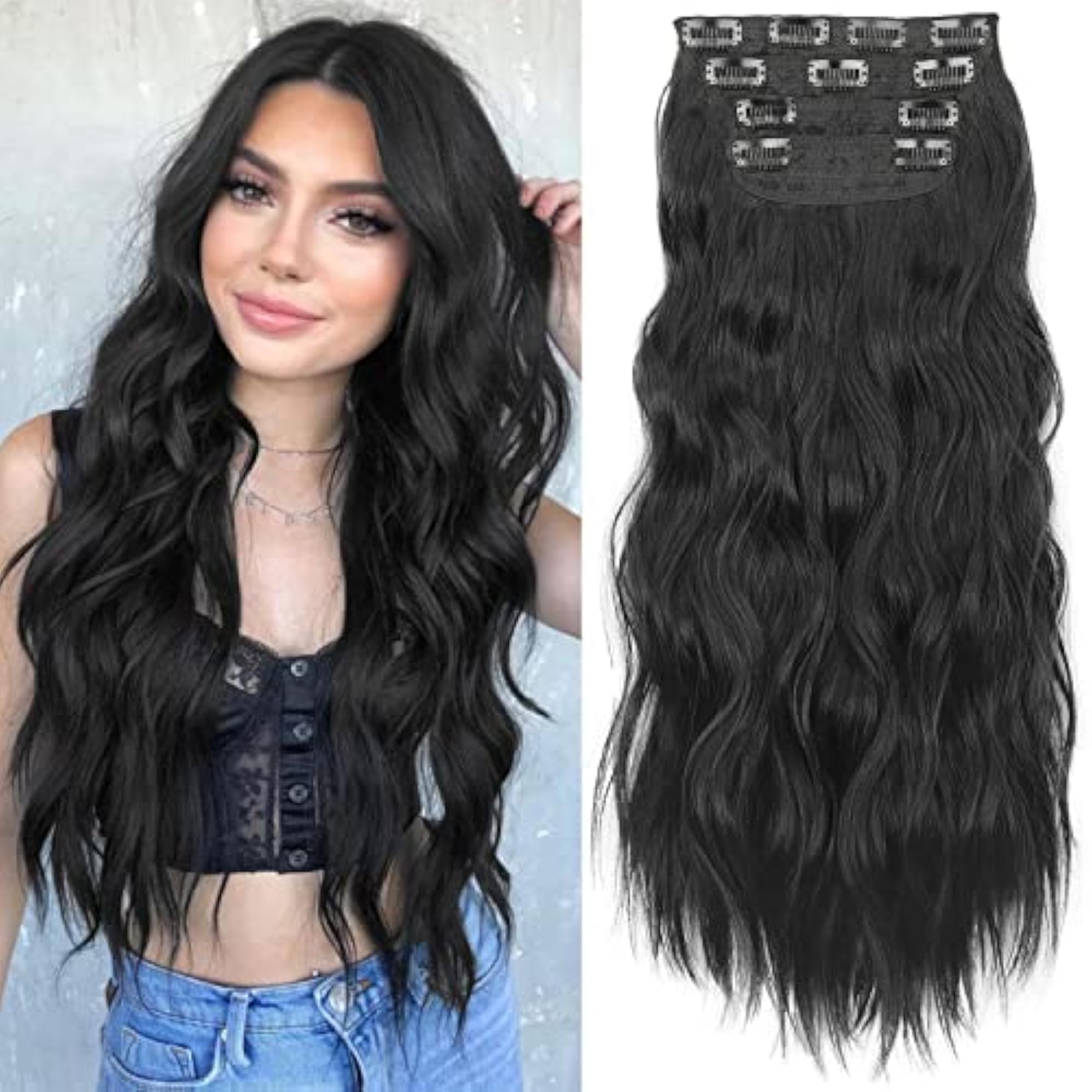 22 Inch Natural Look Synthetic Wavy Black Hair Extensions