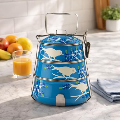 Image of iHandikart Handpainted Multiple Tier Decorative Stainless Steel Tiffin Box, With Lid and Handle, Color - Multicolor, Perfect Used For - Festival Gifts, School and Office Use (IHK-HPT3-007)