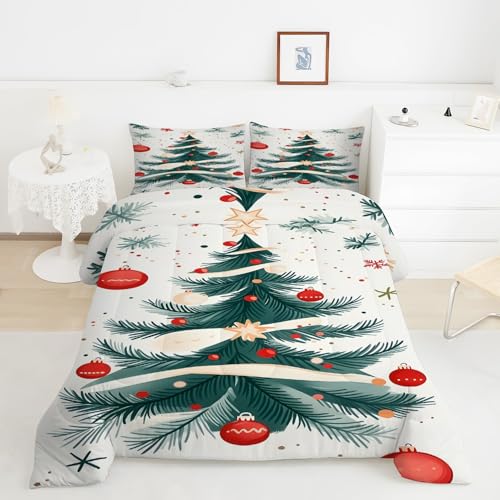 クリスマスツリー羽毛布団 3Dオーナメントボール掛け布団 ド ソフト 冬 キルト オールシーズン被子ソフトふわふわマイクロファイバーウォッャブル 掛け布団暖かい ふわふわ 暖かい羽毛布団軽量 通気 羽根布団170x210cm + 2枚枕カバー・43X63c