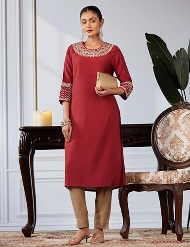 Image of BIBA Women Rayon Blend Straight Fit Solid Festive Kurta