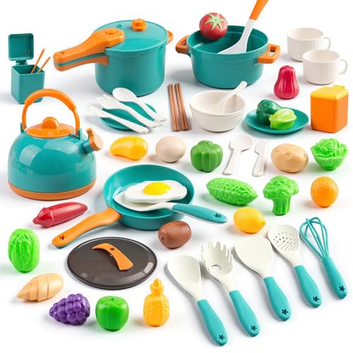 56-Piece Mini Play Kitchen Accessories for Kids Ages 3+ Pretend Cooking Playset with Cookware Tableware & 2 Fruit Sets Learning Gift for Girls and Boys Green