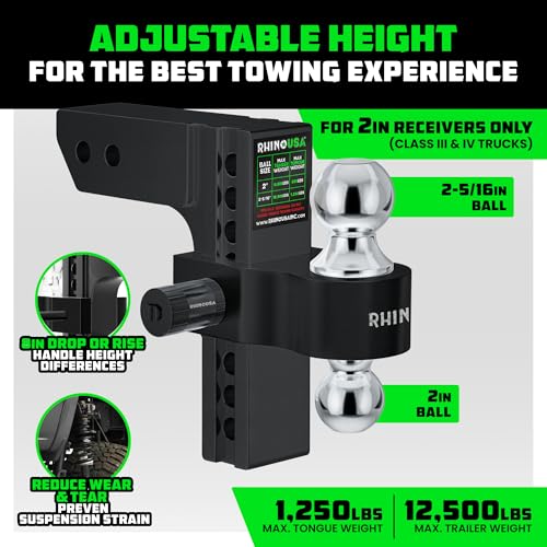 Image of Rhino USA Adjustable Trailer Hitch (2-Inch Receiver) - Heavy Duty Aluminum Tow Hitches with 8-Inch Drop /Rise for Truck (12,500 LBS GTW) - Weatherproof Double Anti-Theft Locking Hitch Pins (Black)