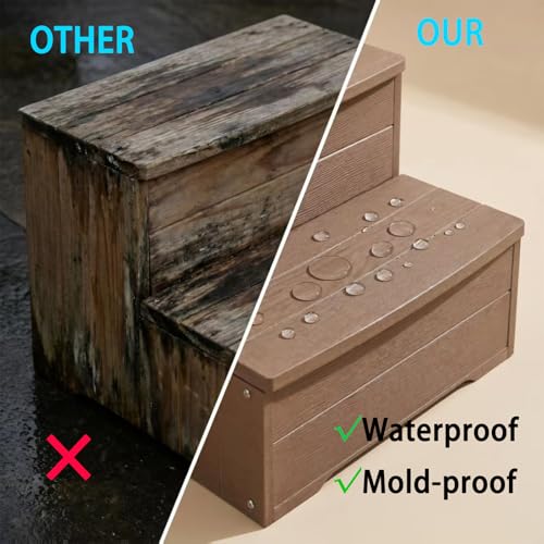 Image of Heavy Duty Hot Tub Steps, 2 Steps Large Versatile Stairs for Outoor Above Ground Pool, Spa,Deck & Porch Outside, Steps Capacity 600LBS (Brown)