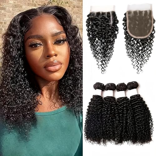 Mongolian Kinkys Curly with Closure Human Hair...