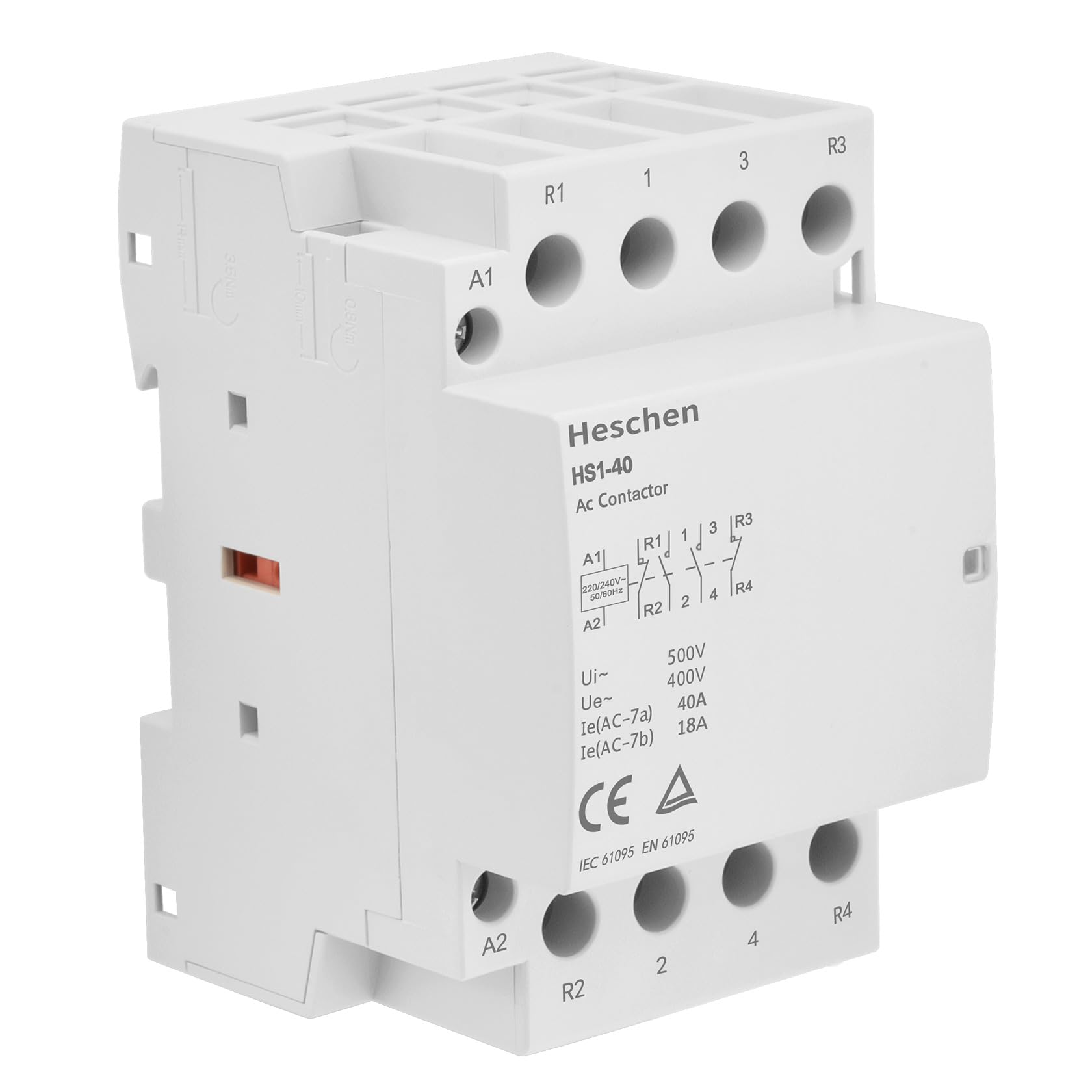 Heschen Contattore CA domestico, HS1-40, Ie 40A, 4 poli 2NO 2NC, CA 220V/240V Tensione bobina, 35mm DIN Rail Mount