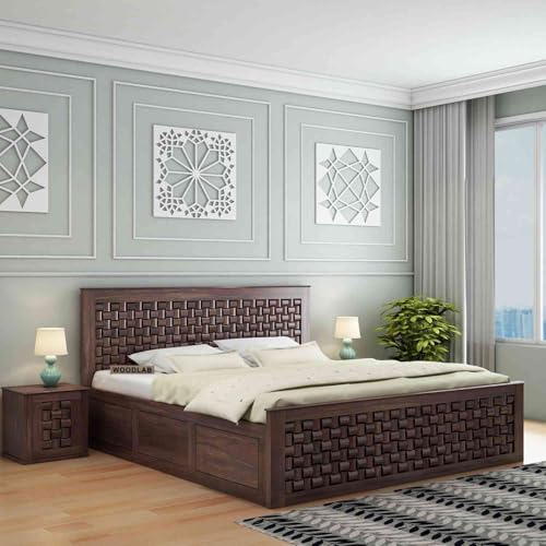 Image of WOODLAB Furniture Sheesham Wood Niwar Queen Size Bed with Box Storage Wooden Double Bed Palang for Bedroom Living Room (Walnut Finish)