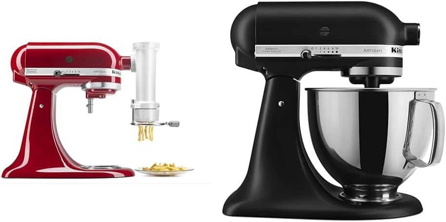 KitchenAid KSMPEXTA Gourmet Pasta Press Attachment with 6 Interchangeable Pasta Plates, White & Artisan Series 5 Quart Tilt Head Stand Mixer with Pouring Shield KSM150PS, Matte Black