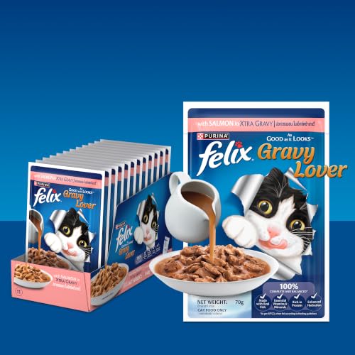 Image of Purina Felix Salmon Gravy Lover, Wet Adult Cat Food, Pack of 12 (12x70g) | With Salmon in Gravy, Tasty Meaty Chunks, 100% Complete & Balanced Nutrition, Vitamins D & E, Omega 6, Essential Minerals
