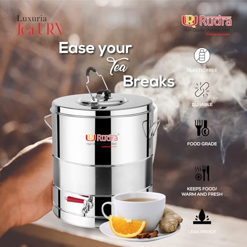 Image of Rudra Stainless Steel Luxuria Tea Container /Urn Eco-Friendly Tea /Coffee| Kettle with Tap, Hot & Cold | Chai Pot Dispenser Jar | for Canteen Kitchen | Silver (5, Cylindrical, 1, RU3005)