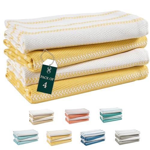 Cloud Scape Linen Kitchen Towels Set - Pack of 4 100% Cotton Herringbone Pattern - 71x46 cm - Highly Absorbent and Quick Dry Dish Cloths for Kitchen Perfect Hand Towels Yellow