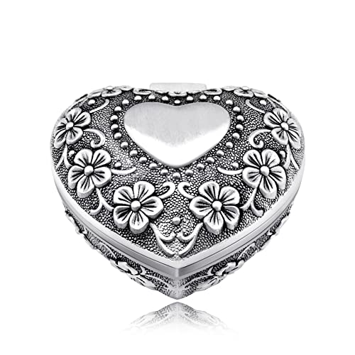 Caja pequeña de joyería con forma de corazón vintage y rectangular, caja organizadora de joyas de almacenamiento de anillos, aretes, collares, caja de regalo de recuerdo de metal para mujeres y niñas