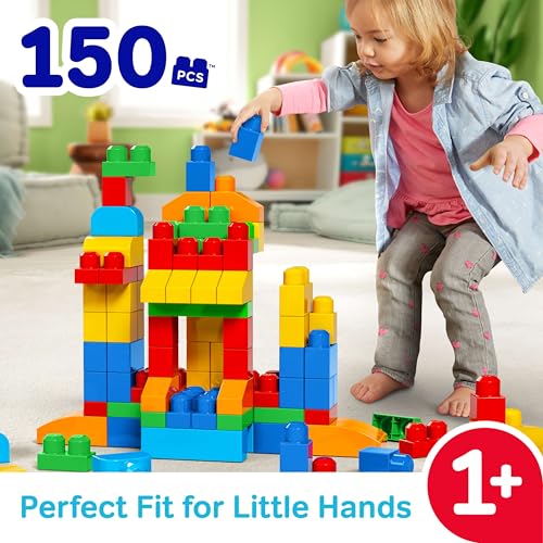 MEGA BLOKS First Builders Toddler Blocks Toys Set, Deluxe Building Bag with 150 Pieces and Storage, Creative Open-Ended Play, Blue, Ages 1+ Years (Amazon Exclusive)
