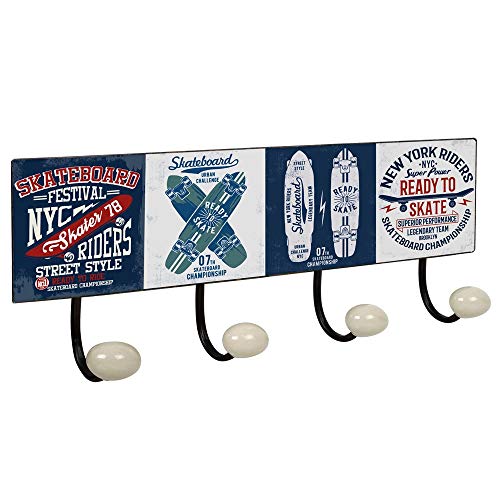 POIGNÉELINE Portemanteau Mur Vintage 4 patère en Porcelaine Skate Retro 400x155MM