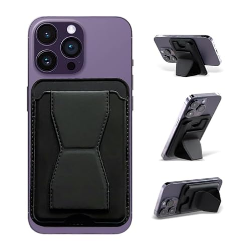 Adhesive Phone Wallet with Stand, Slim 3-in-1 Leather Card Holder & Grip, RFID Blocking Stick-On Wallet for iPhone 17/16/15/14/13/12 Series Android and more, Holds 3 Cards – Black