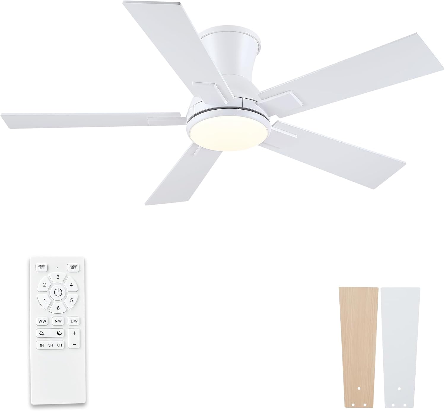 Flush Mount Ceiling Fan with Light, 3CCT Dimmable LED, 6-Speed Remote Control, Reversible Motor,Quiet Low Profile Energy-Efficient for Bedroom & Living Room (White, 42 inch)
