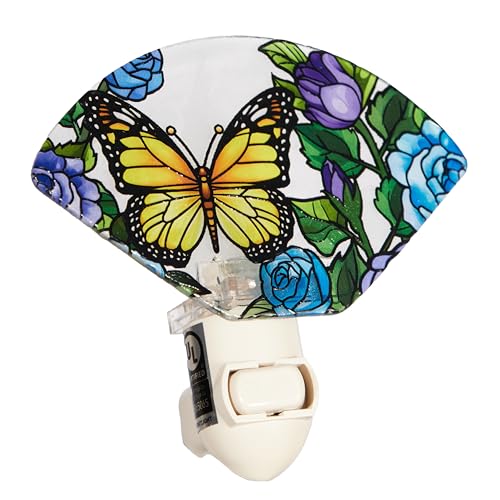 Image of Stained Glass Styled Butterfly Night Light - Yellow Butterfly with Blue Roses Design, Made with Real Glass, Plug-in Decorative Light for Bedroom, Hallway & Home Decor