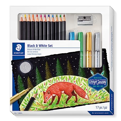 Image of STAEDTLER Design Journey Black & White Set of Soft Coloured Pencils, Metallic Markers and Sharpener