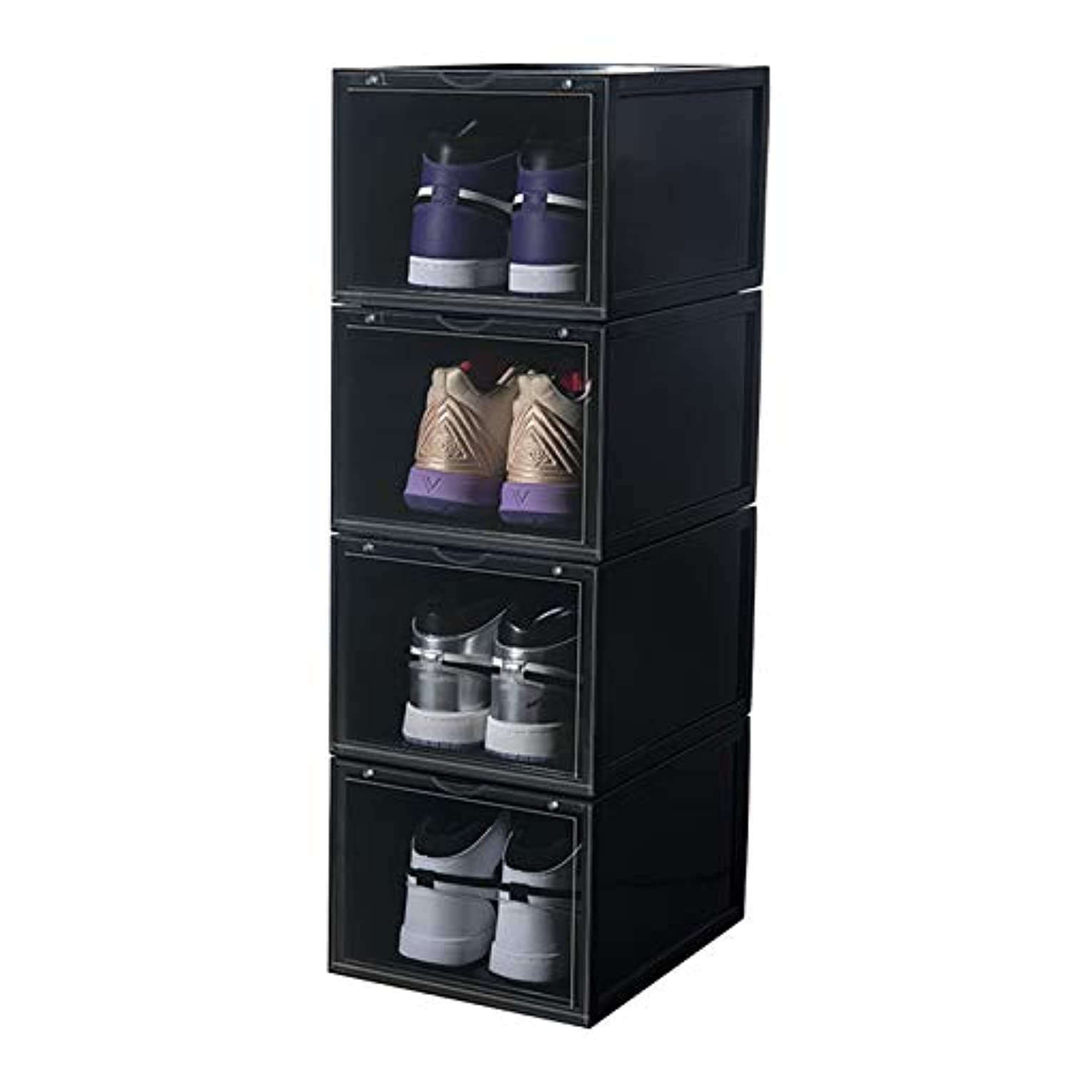 Shoe BoxPremium Shoe Box 4 Pack - Front Open with Magnetic door, Transparent, Plastic Storage Box (4 Pack Front Open, Black)