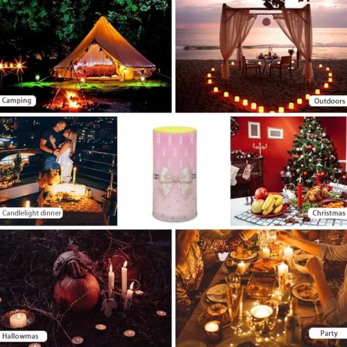 Image of Poceacles Flameless Candle Battery Powered with Remote Control Breast Cancer Awareness LED Night Lights Pillar Candle Tealights Home Indoor Decor, Pink Ribbon Bow Cherry Blossom Print
