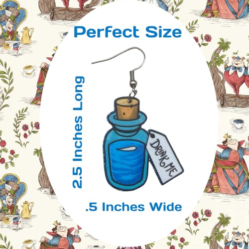 Fun Pair of “Drink Me” Glitter Drop and Dangle Earrings for Alice in Wonderland Costumes, Mad Hatter Costumes and More. Fun Pair of Drink Me Mini Bottle Fan Inspired Earrings for Queen of Hearts Costumes and More.2