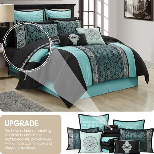 Stratford Park Black & Teal Comforter Set California King Size, Classic Jacquard Bedding Sets, Faux Silk, Premium Microfiber, 12 Pieces Bed in a Bag, Matching Fitted Sheet, Flat Sheet by Stratford Park - Used condition - Image 2