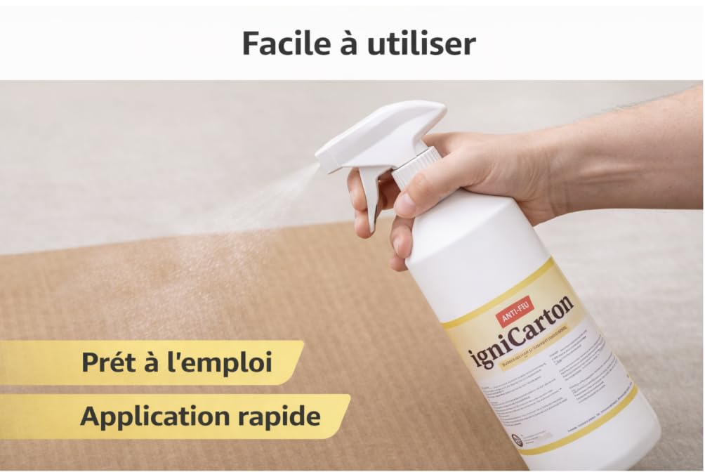 Spray Ignifuge Carton et papier 1L – Traitement Anti-Feu Certifié M1 – Protection Incendie pour Carton, Papier & Emballage – Prêt à l’Emploi – Fabriqué en France