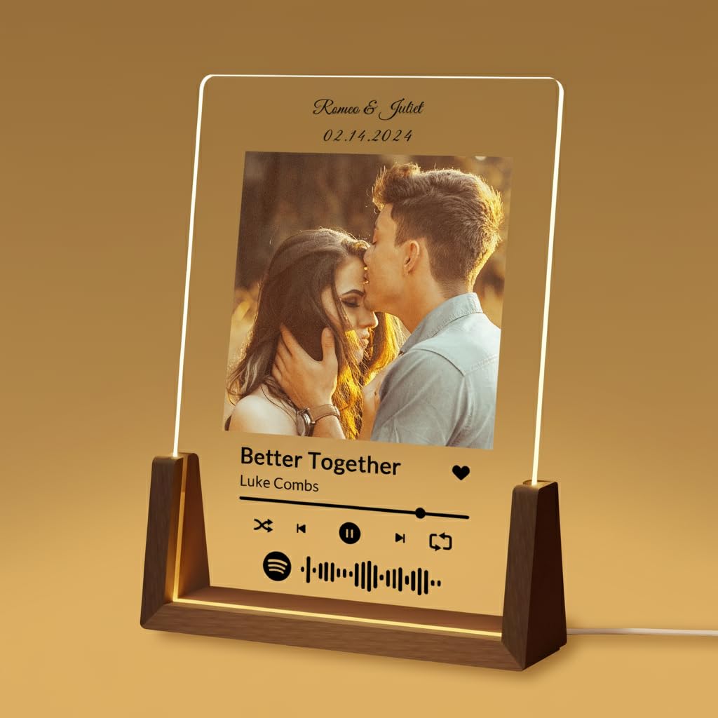 SENSING Personalised Plaque with Photo, LED Night Light Spotify Code Frame, Custom Acrylic Photo Gift for Anniversary, Christmas, Birthday, Valentine’s Day