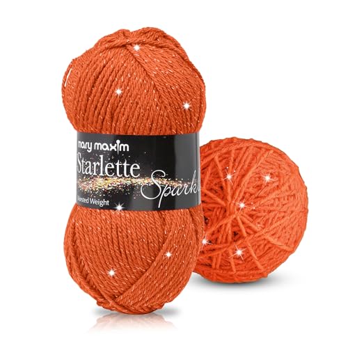 Image of Mary Maxim Starlette Sparkle Yarn, Medium Worsted Weight Yarn for Knitting and Crocheting, Acrylic Polyester Blend for Blankets, Clothing, and Decor, 196 Yards Orange