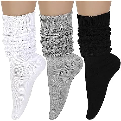 Geyoga 3 Pairs Slouch Socks Scrunch Socks Cotton Knit Boot Socks Soft Long Socks Winter Stacked Socks for Women(7-10,Black, White, Gray) Cover