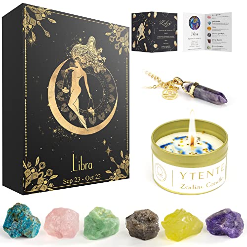 YTENTE Zodiac Sign Soy Wax Scented Candle Crystals Healing Stones Gift Set with Horoscope Sign Hexagonal Pendant Gemstone Chakra Crystal Necklace for Women Men Birthday Gifts (Libra)