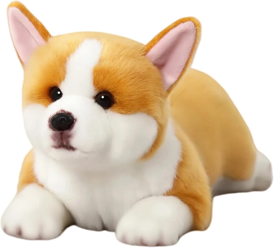CU-MATE 16" Welsh Corgi Pembroke Stuffed Dog Animal Simulation-Realistic & Lifelike Soft Handmade Lying Dog Plush Toy Puppy -Present Gift for Boys and Girls