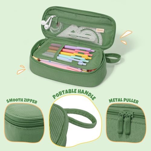 SUNEE Cute Pencil Case, Large Capacity Pencil Pouch, Soft Corduroy Pencil Bag, Big Storage Pen Organizer for Stationery, Aesthetic Zipper Pencil Box, Back to School Supplies for Teen Girls Boys, Green - 5
