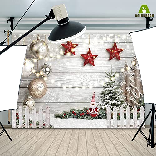 Aoihrraan 3x2m Christmas Wood Wall Photography Backdrop Xmas Tree Santa Claus Red Star Balls Fence Winter Snow View Background New Year Festival Family Party Decor Portrait Photo Studio Props - Image 4